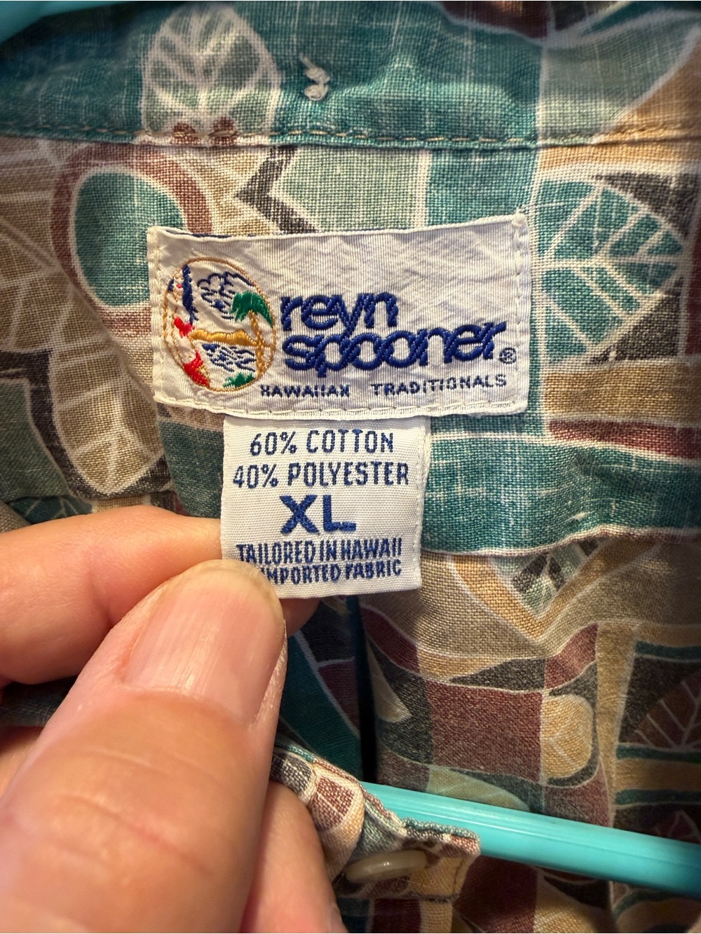 Reyn Spooner Teal & Brown Geometric Floral Aloha Shirt